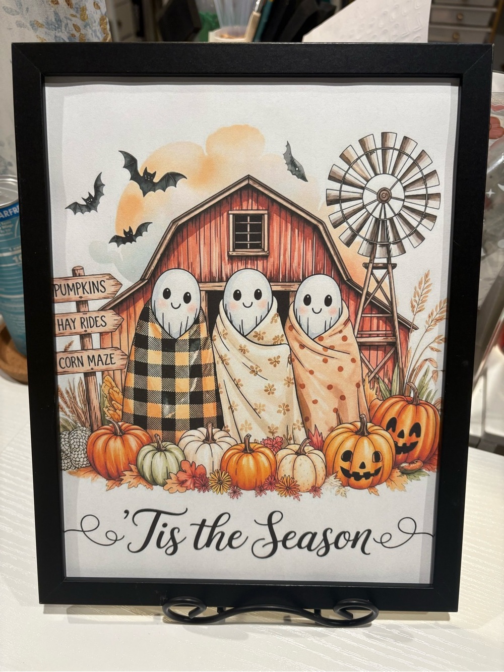 Tis the Season Framed 8x10 Halloween Ghost Trio Wall Art - Orange, Cream, Black